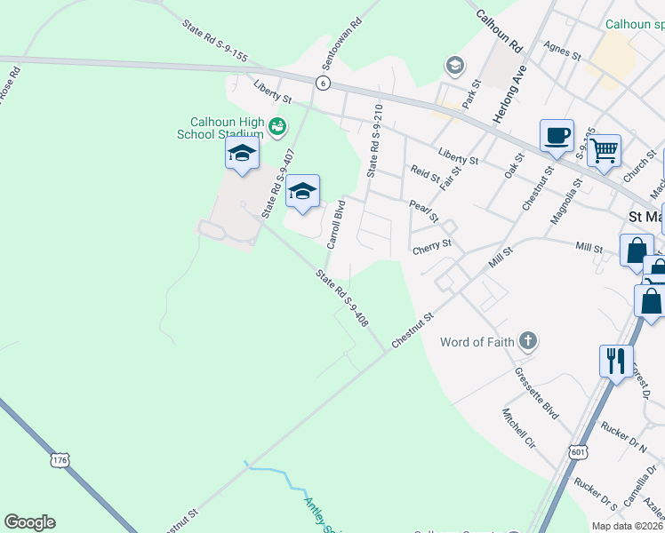 map of restaurants, bars, coffee shops, grocery stores, and more near 123 Carroll Boulevard in Saint Matthews
