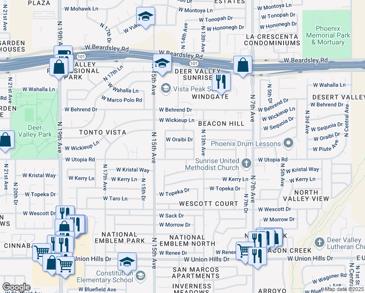 map of restaurants, bars, coffee shops, grocery stores, and more near 1340 West Piute Avenue in Phoenix
