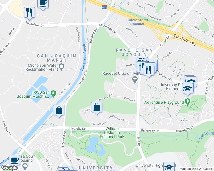 map of restaurants, bars, coffee shops, grocery stores, and more near 1 La Serena in Irvine