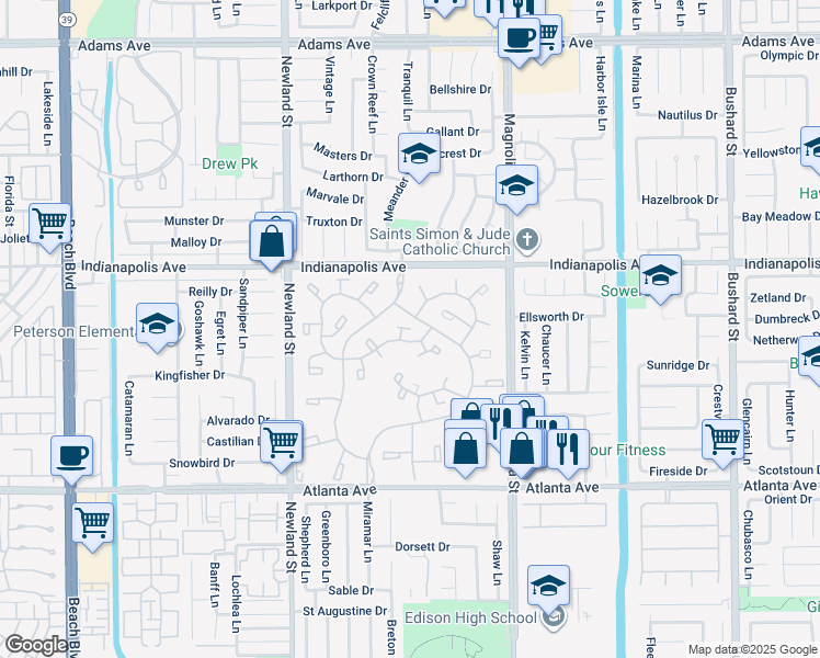 map of restaurants, bars, coffee shops, grocery stores, and more near 8799 Placer Circle in Huntington Beach