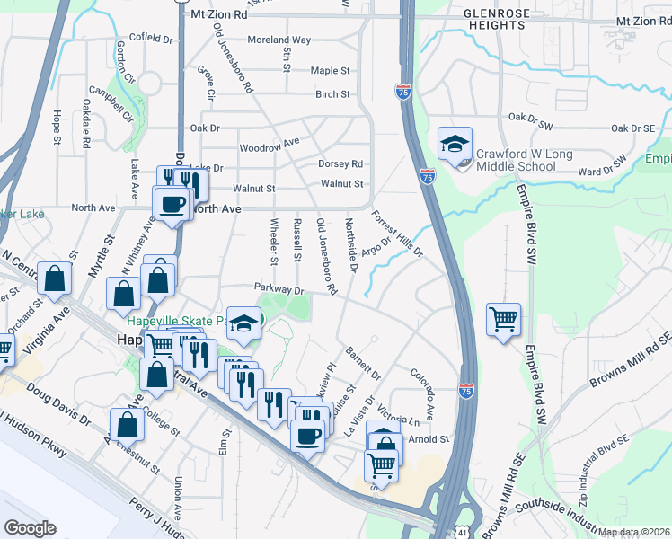 map of restaurants, bars, coffee shops, grocery stores, and more near 3350 Old Jonesboro Road in Hapeville