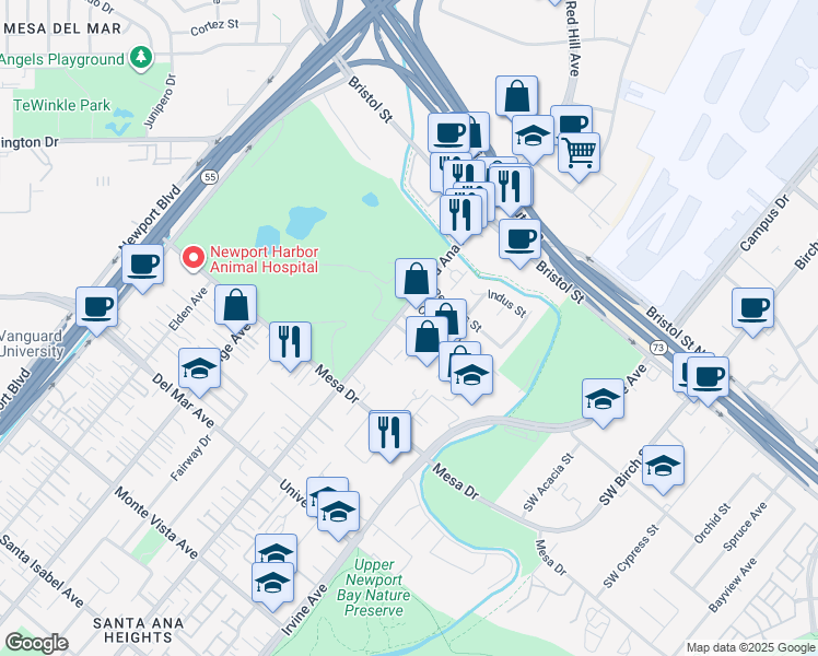 map of restaurants, bars, coffee shops, grocery stores, and more near 1516 Bruinbark Lane in Newport Beach