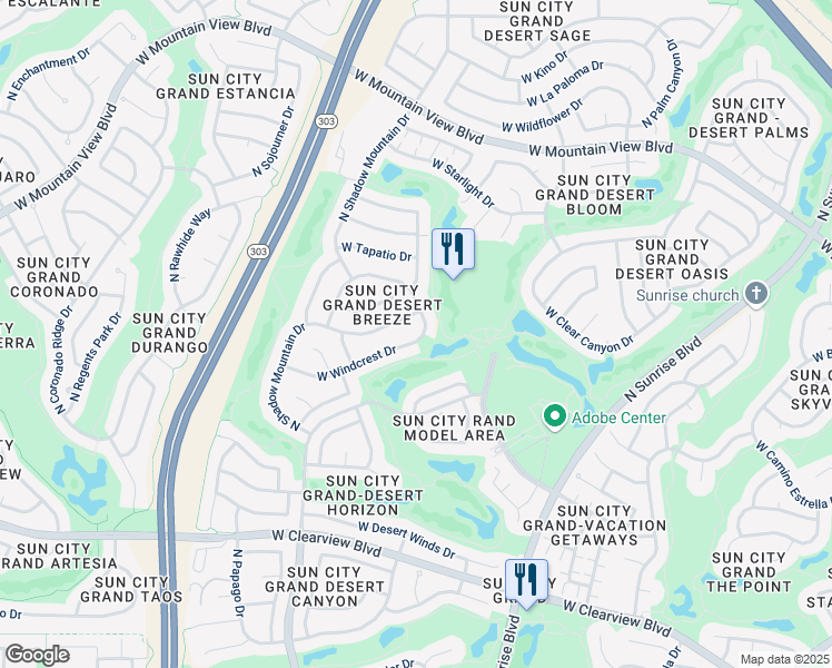 map of restaurants, bars, coffee shops, grocery stores, and more near 16230 West Windcrest Drive in Surprise
