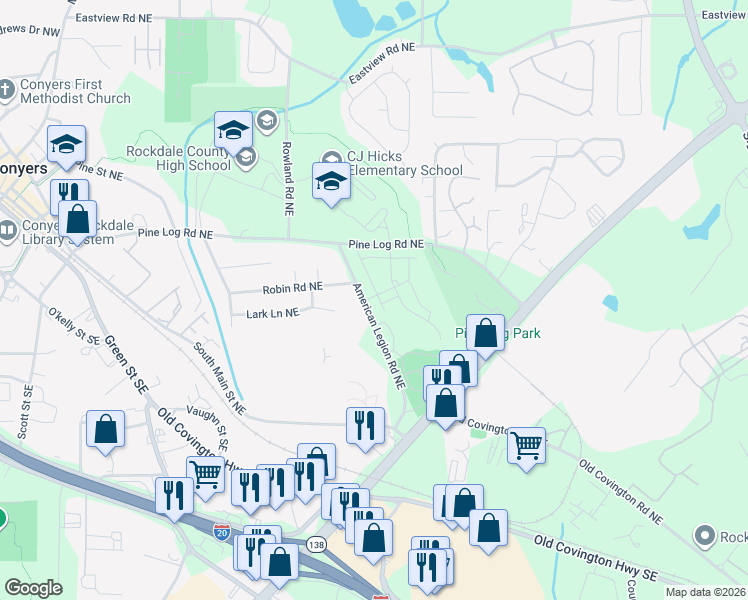 map of restaurants, bars, coffee shops, grocery stores, and more near 870 American Legion Road Northeast in Conyers