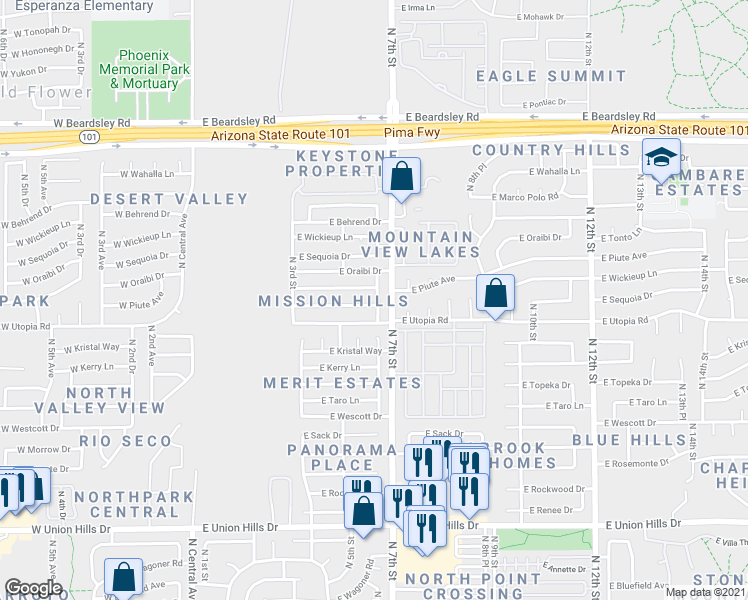 map of restaurants, bars, coffee shops, grocery stores, and more near 533 East Piute Avenue in Phoenix