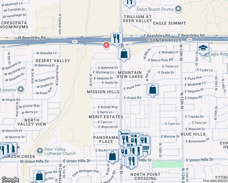 map of restaurants, bars, coffee shops, grocery stores, and more near 533 East Piute Avenue in Phoenix