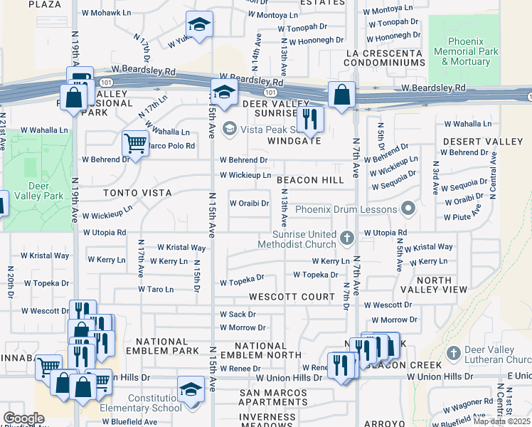 map of restaurants, bars, coffee shops, grocery stores, and more near 1340 West Piute Avenue in Phoenix