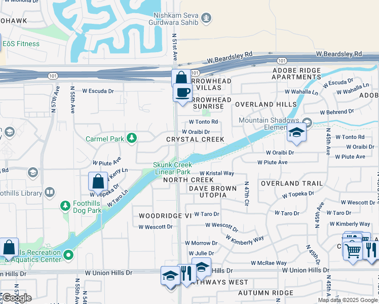 map of restaurants, bars, coffee shops, grocery stores, and more near 5023 West Wikieup Lane in Glendale