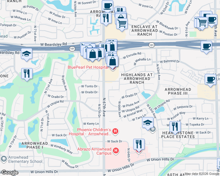 map of restaurants, bars, coffee shops, grocery stores, and more near 19711 North 66th Drive in Glendale