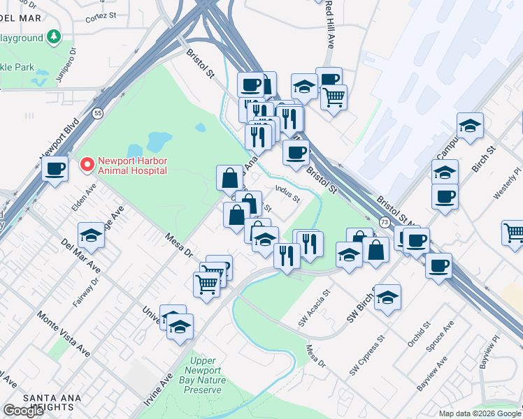 map of restaurants, bars, coffee shops, grocery stores, and more near 1651 Pegasus Street in Newport Beach