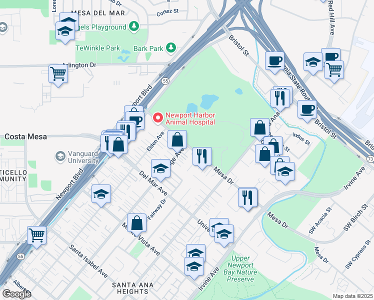 map of restaurants, bars, coffee shops, grocery stores, and more near 2690B Orange Avenue in Costa Mesa