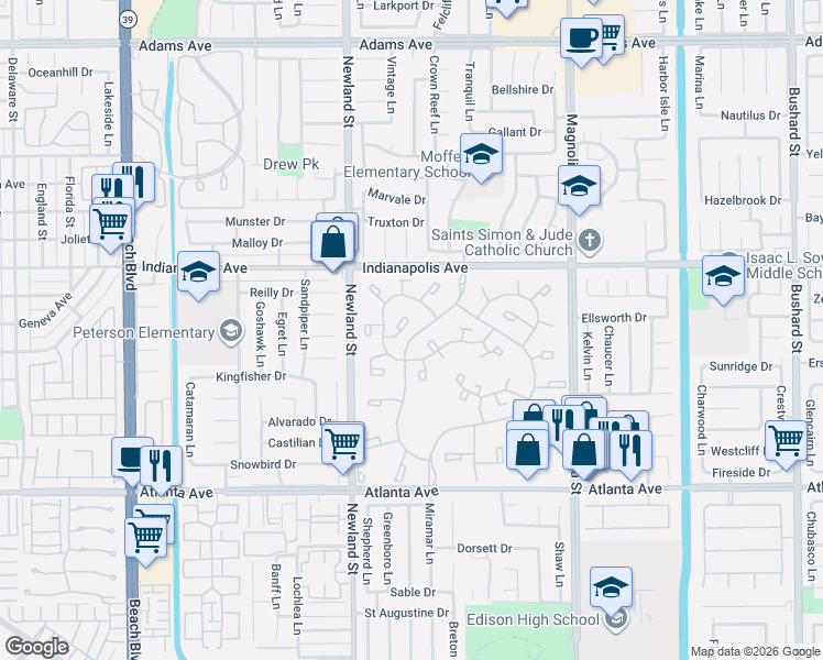 map of restaurants, bars, coffee shops, grocery stores, and more near 8565 Trinity Circle in Huntington Beach