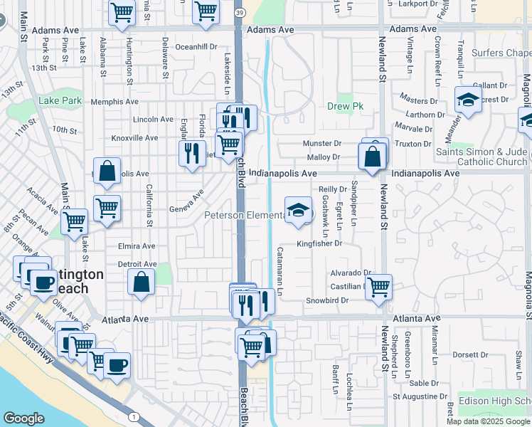 map of restaurants, bars, coffee shops, grocery stores, and more near 8071 Sail Circle in Huntington Beach