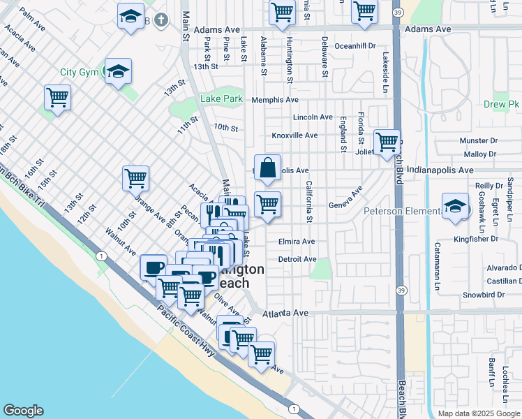 map of restaurants, bars, coffee shops, grocery stores, and more near 606 Lake Street in Huntington Beach