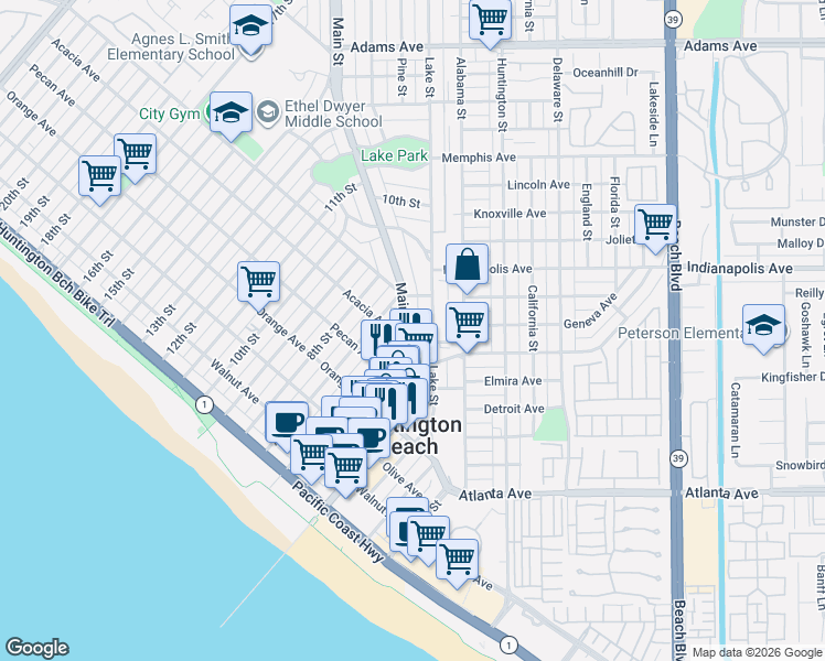 map of restaurants, bars, coffee shops, grocery stores, and more near 605 Main Street in Huntington Beach