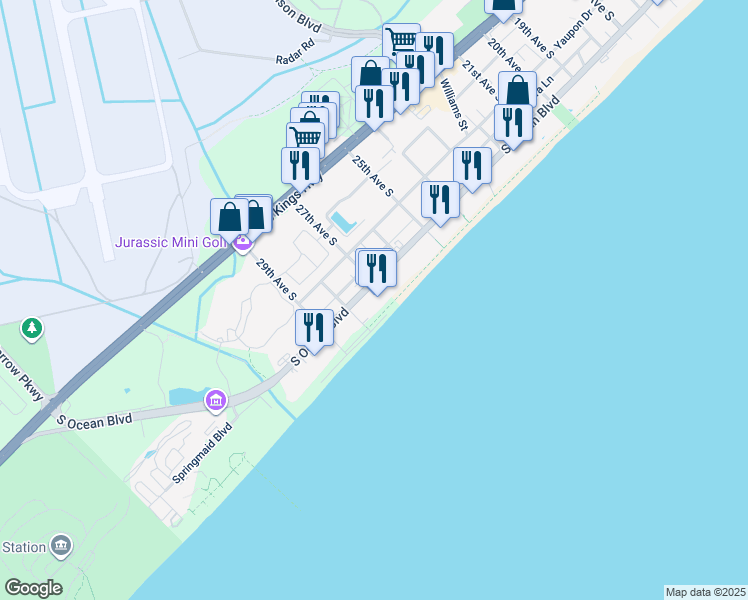 map of restaurants, bars, coffee shops, grocery stores, and more near 2709 South Ocean Boulevard in Myrtle Beach