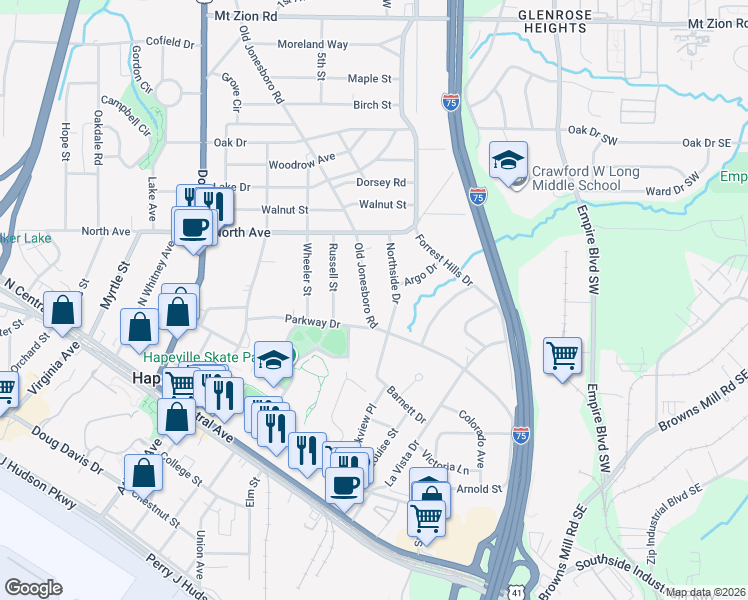 map of restaurants, bars, coffee shops, grocery stores, and more near 3350 Old Jonesboro Road in Hapeville