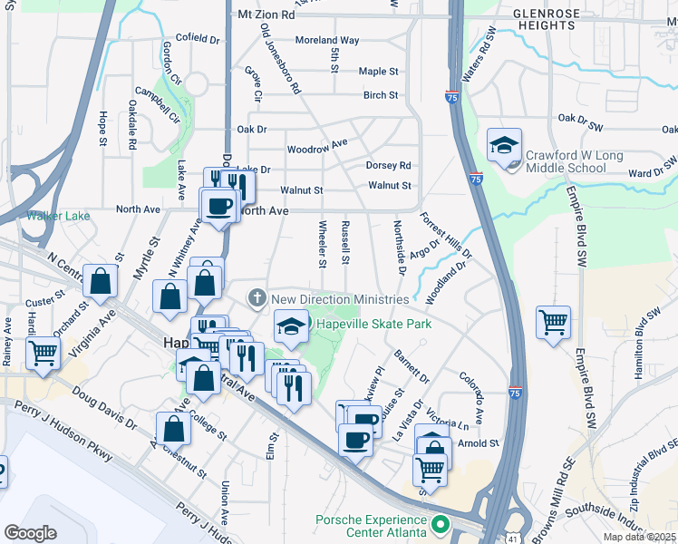 map of restaurants, bars, coffee shops, grocery stores, and more near 3317 Russell Street in Atlanta