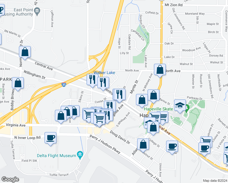 map of restaurants, bars, coffee shops, grocery stores, and more near 809 North Central Avenue in Atlanta