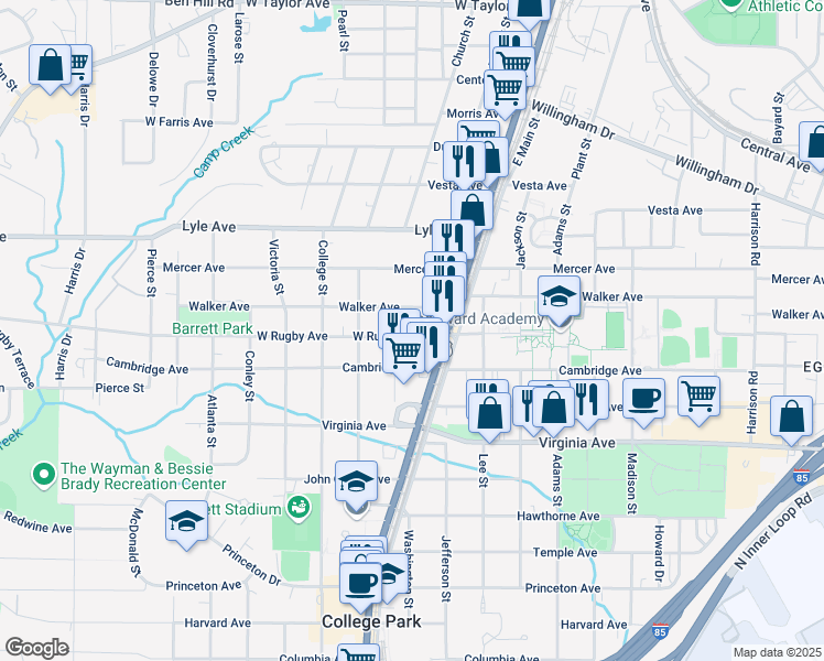 map of restaurants, bars, coffee shops, grocery stores, and more near 1825 West Rugby Avenue in College Park