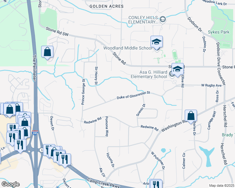 map of restaurants, bars, coffee shops, grocery stores, and more near 2985 Duke of Gloucester Street in East Point