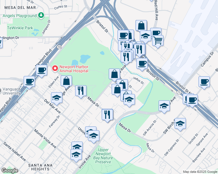 map of restaurants, bars, coffee shops, grocery stores, and more near 1516 Bruinbark Lane in Newport Beach