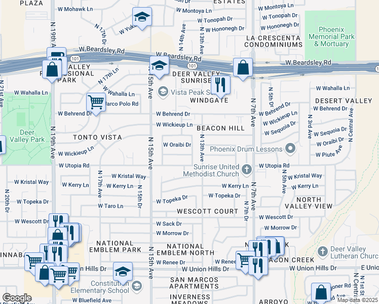 map of restaurants, bars, coffee shops, grocery stores, and more near 19426 North 13th Avenue in Phoenix