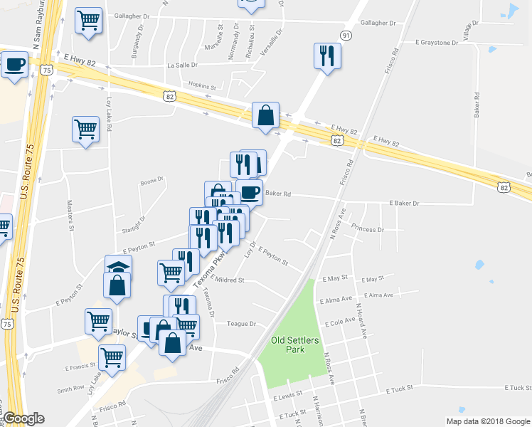 map of restaurants, bars, coffee shops, grocery stores, and more near 1515 East Nall Street in Sherman
