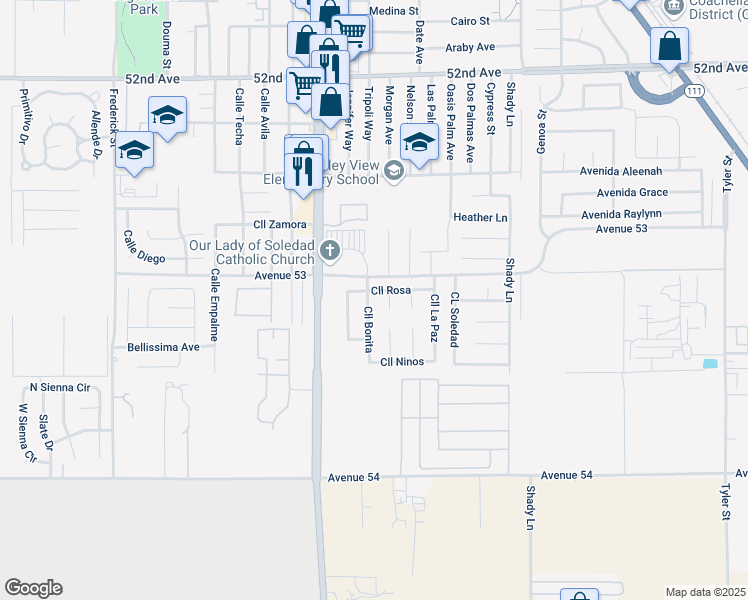 map of restaurants, bars, coffee shops, grocery stores, and more near 53196 Calle Bonita in Coachella