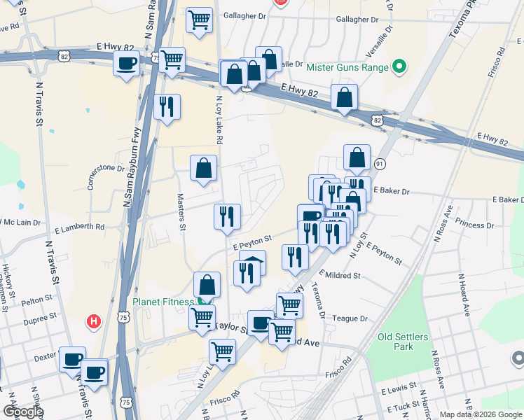 map of restaurants, bars, coffee shops, grocery stores, and more near 906 Starlight Drive in Sherman
