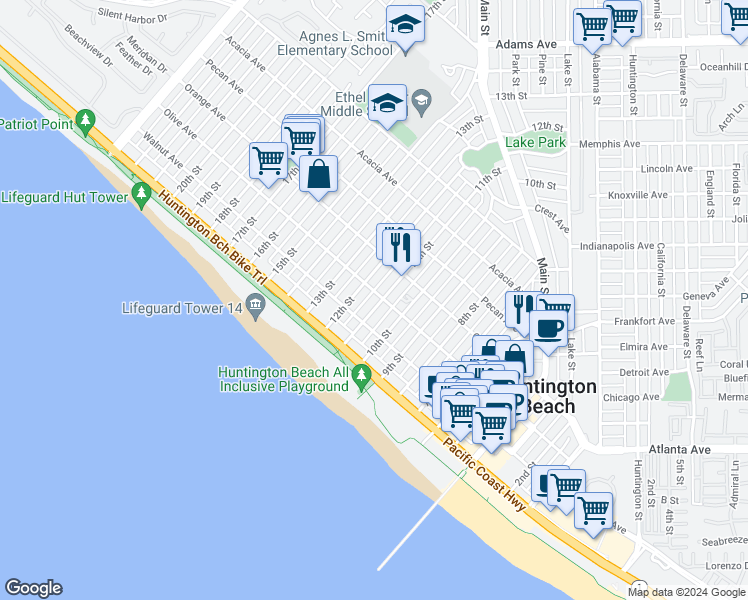 map of restaurants, bars, coffee shops, grocery stores, and more near 225 11th Street in Huntington Beach