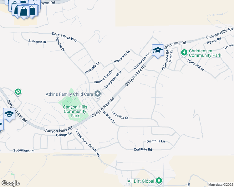 map of restaurants, bars, coffee shops, grocery stores, and more near Canyon Hills Road in Lake Elsinore