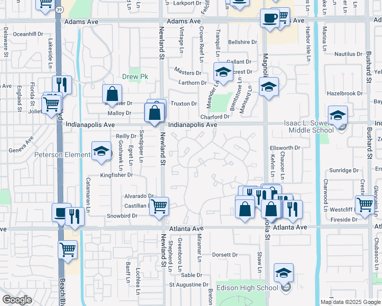 map of restaurants, bars, coffee shops, grocery stores, and more near 8566 Trinity Circle in Huntington Beach