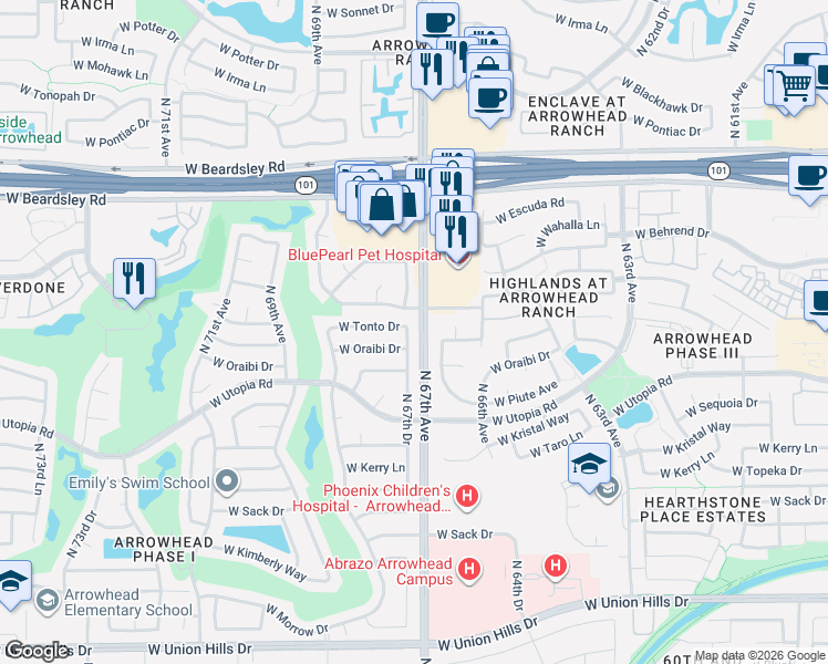 map of restaurants, bars, coffee shops, grocery stores, and more near 19613 North 67th Drive in Glendale