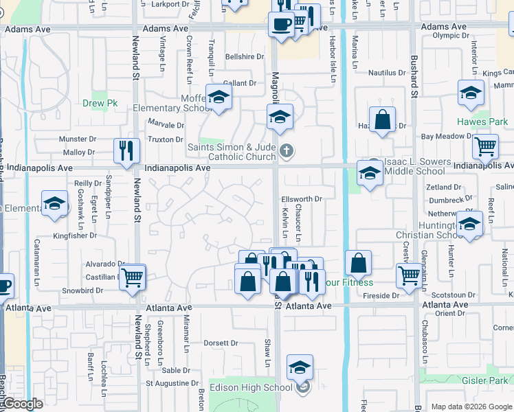 map of restaurants, bars, coffee shops, grocery stores, and more near 8933 Yolo Circle in Huntington Beach