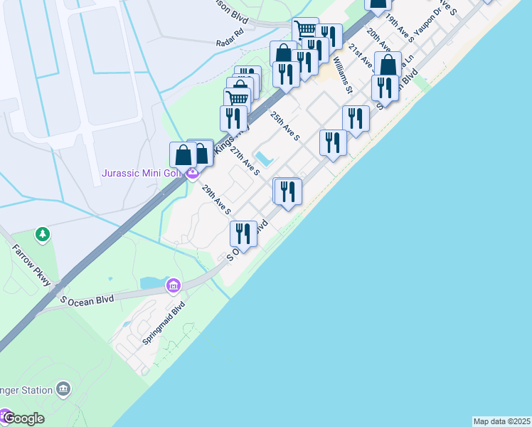 map of restaurants, bars, coffee shops, grocery stores, and more near 2710 South Ocean Boulevard in Myrtle Beach