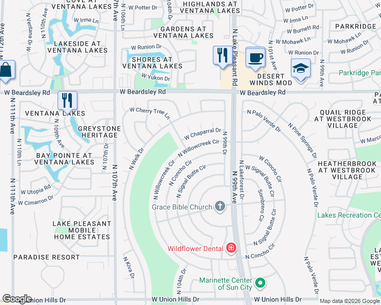 map of restaurants, bars, coffee shops, grocery stores, and more near 19801 North Willowcreek Circle in Sun City