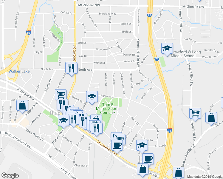 map of restaurants, bars, coffee shops, grocery stores, and more near 3317 Russell Street in Atlanta