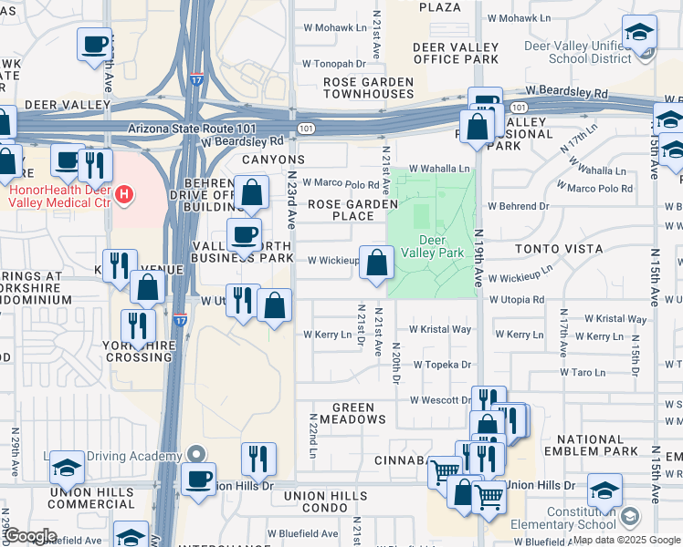 map of restaurants, bars, coffee shops, grocery stores, and more near 2214 West Sequoia Drive in Phoenix