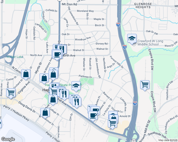 map of restaurants, bars, coffee shops, grocery stores, and more near 3317 Russell Street in Atlanta