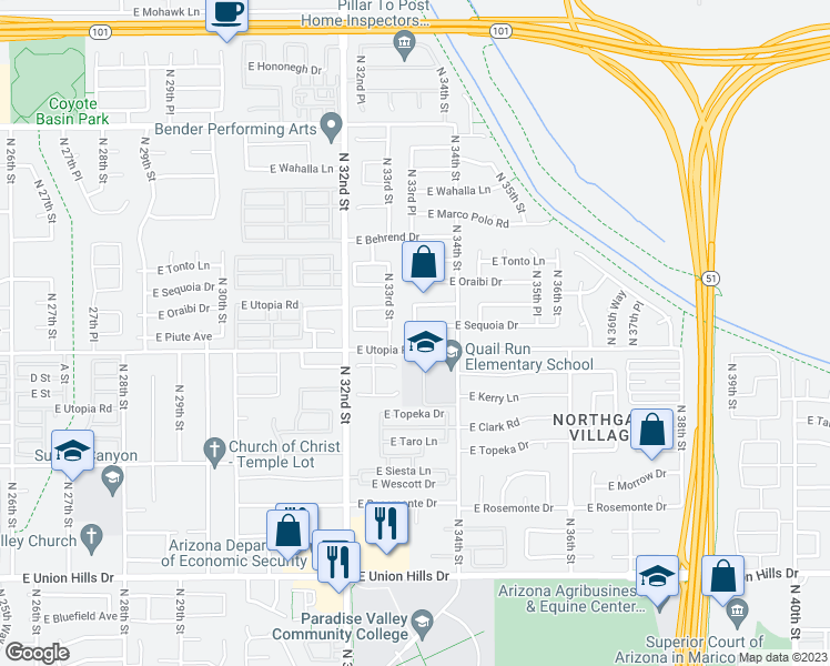 map of restaurants, bars, coffee shops, grocery stores, and more near 3319 East Sequoia Drive in Phoenix
