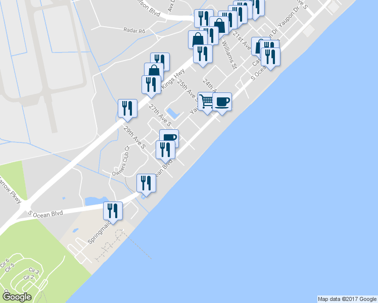 map of restaurants, bars, coffee shops, grocery stores, and more near 2709 South Ocean Boulevard in Myrtle Beach