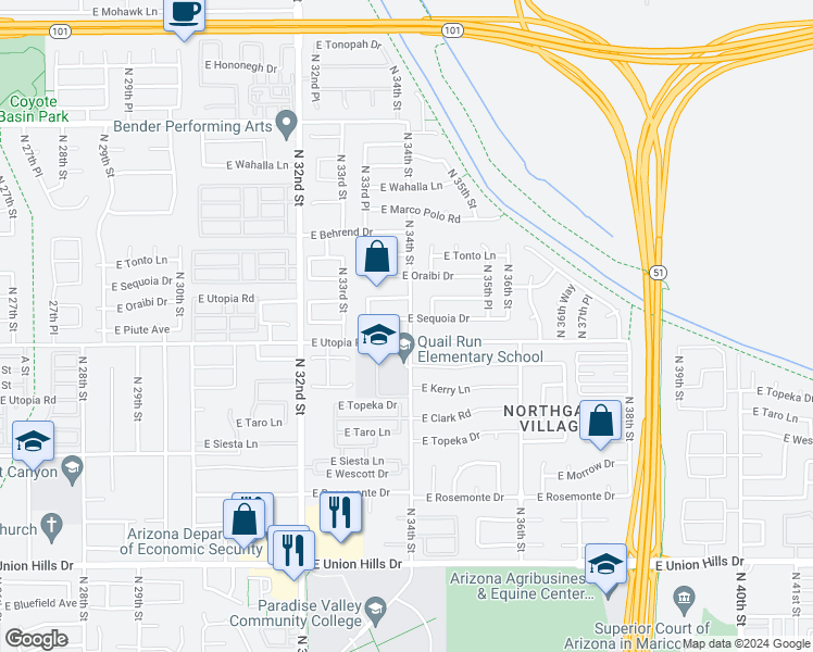 map of restaurants, bars, coffee shops, grocery stores, and more near 3361 East Sequoia Drive in Phoenix