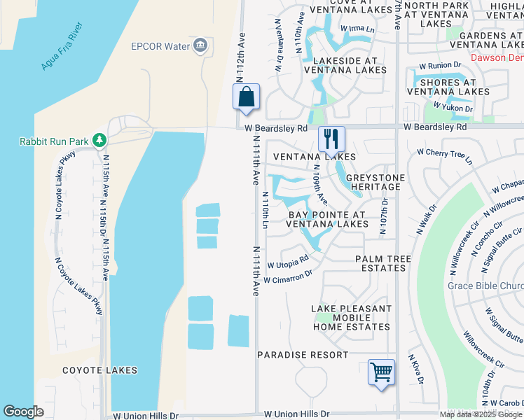 map of restaurants, bars, coffee shops, grocery stores, and more near 19644 North 111th Avenue in Sun City
