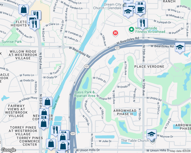 map of restaurants, bars, coffee shops, grocery stores, and more near 19715 North 79th Avenue in Glendale