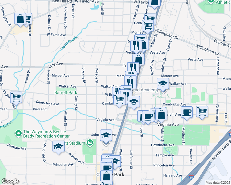 map of restaurants, bars, coffee shops, grocery stores, and more near 1825 West Rugby Avenue in College Park