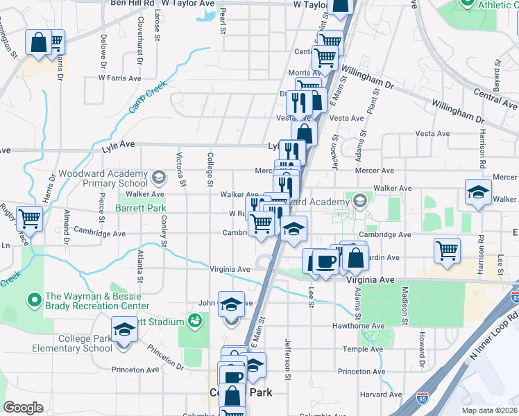 map of restaurants, bars, coffee shops, grocery stores, and more near 1813 West Rugby Avenue in Atlanta