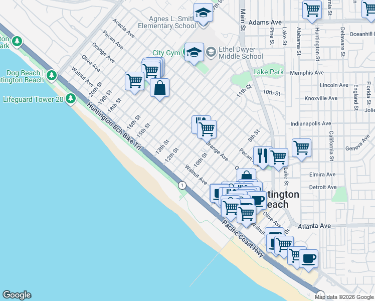 map of restaurants, bars, coffee shops, grocery stores, and more near 221 11th Street in Huntington Beach