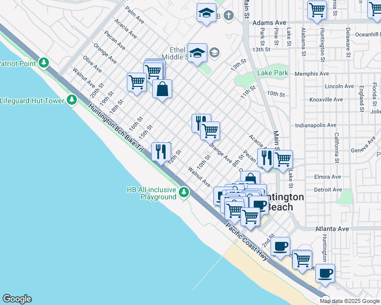 map of restaurants, bars, coffee shops, grocery stores, and more near 225 11th Street in Huntington Beach