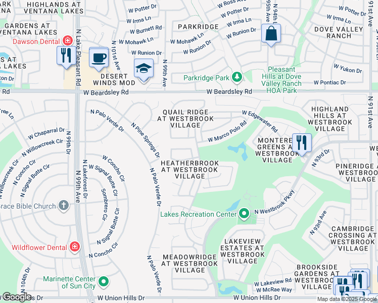 map of restaurants, bars, coffee shops, grocery stores, and more near 9809 West Behrend Drive in Peoria